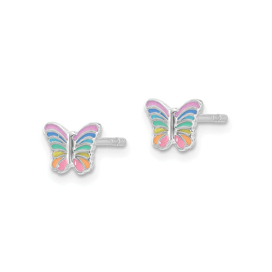 Children's Enamel Rainbow Butterfly Earrings in Rhodium Plated Sterling Silver front view
