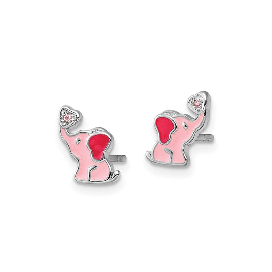 Children's Pink CZ & Pink Enamel Elephant Earrings in Rhodium Plated Sterling Silver front view