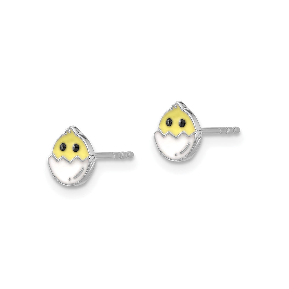 Children's Enamel Chick in Egg Earrings in Rhodium Plated Sterling Silver front view