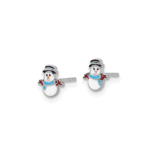 Children's Enamel Snowman Earrings in Rhodium Plated Sterling Silver front view