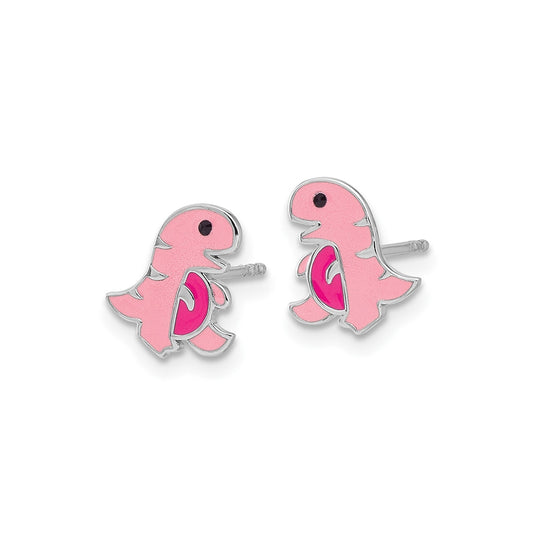 Children's Pink Enamel Dinosaur Earrings in Rhodium Plated Sterling Silver front view
