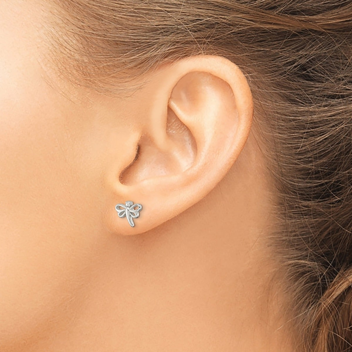 Children's Polished Dragonfly Earrings in Sterling Silver close-up detail