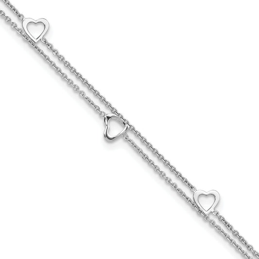 9-inch Adjustable Open Heart Double Strand Ankle Bracelet in Sterling Silver front view