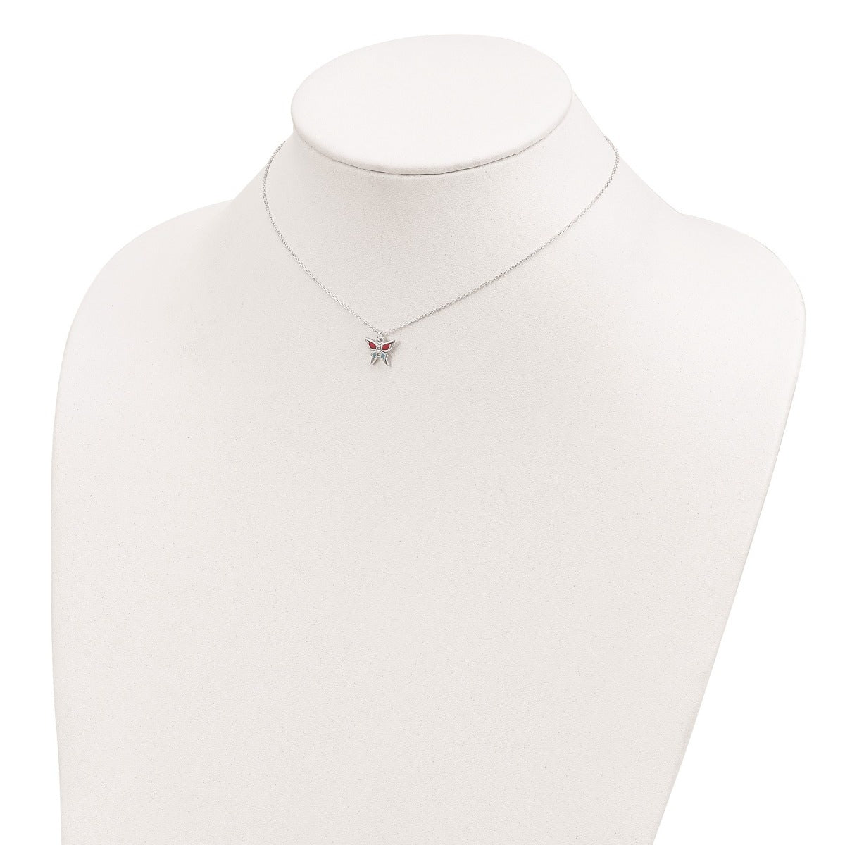 Children's Red & Blue Enamel Butterfly Pendant with CZ Accents in Sterling Silver close-up detail