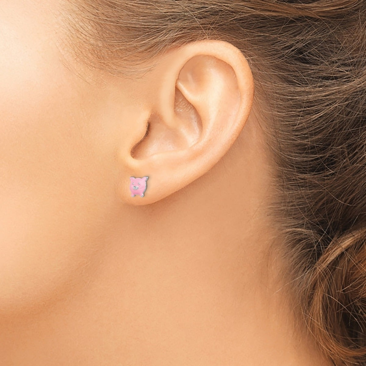 Children's Enamel Pig Earrings in Rhodium Plated Sterling Silver close-up detail