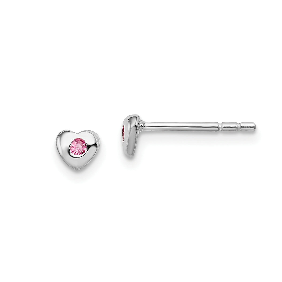 Children's Light Pink Crystal October Birthstone Heart Earrings in Rhodium Plated Sterling Silver