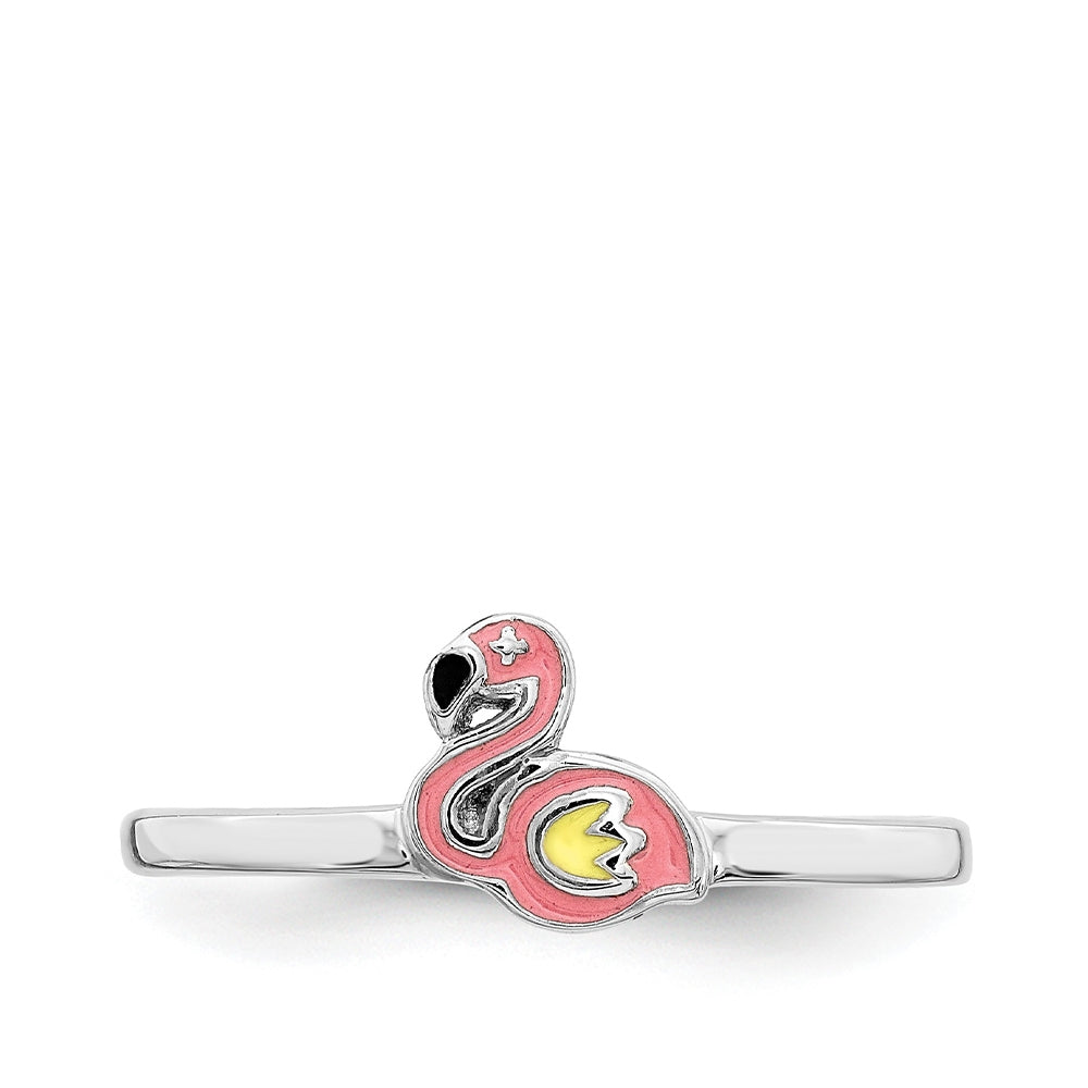 Children's Enamel Flamingo Ring in Rhodium Plated Sterling Silver close-up detail
