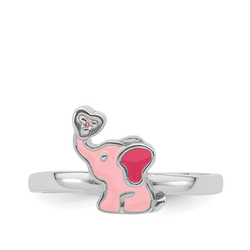 Children's Pink Enamel Elephant Ring in Rhodium Plated Sterling Silver close-up detail