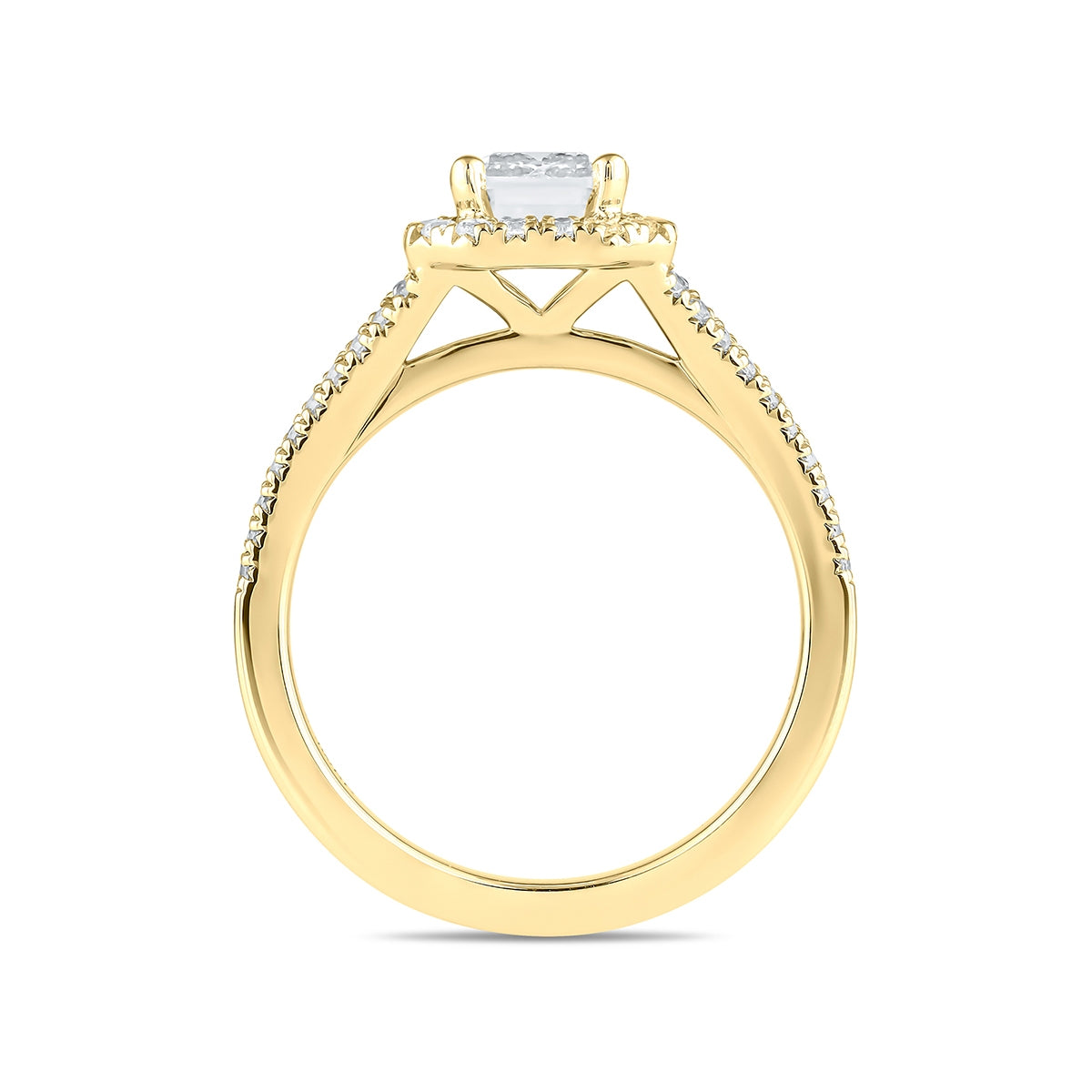 Adamante 3-1/2 ct. tw. Lab-Grown Emerald Cut Diamond Halo Split Shank Engagement Ring in 14K Yellow Gold side profile