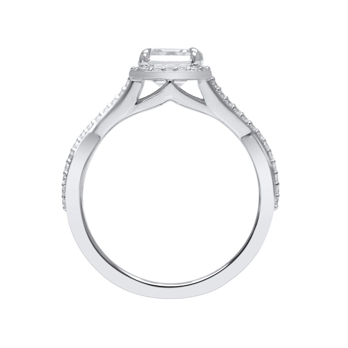 Adamante 3-1/4 ct. tw. Lab-Grown Emerald Cut Halo Twist Diamond Engagement Ring in 14K White Gold side profile