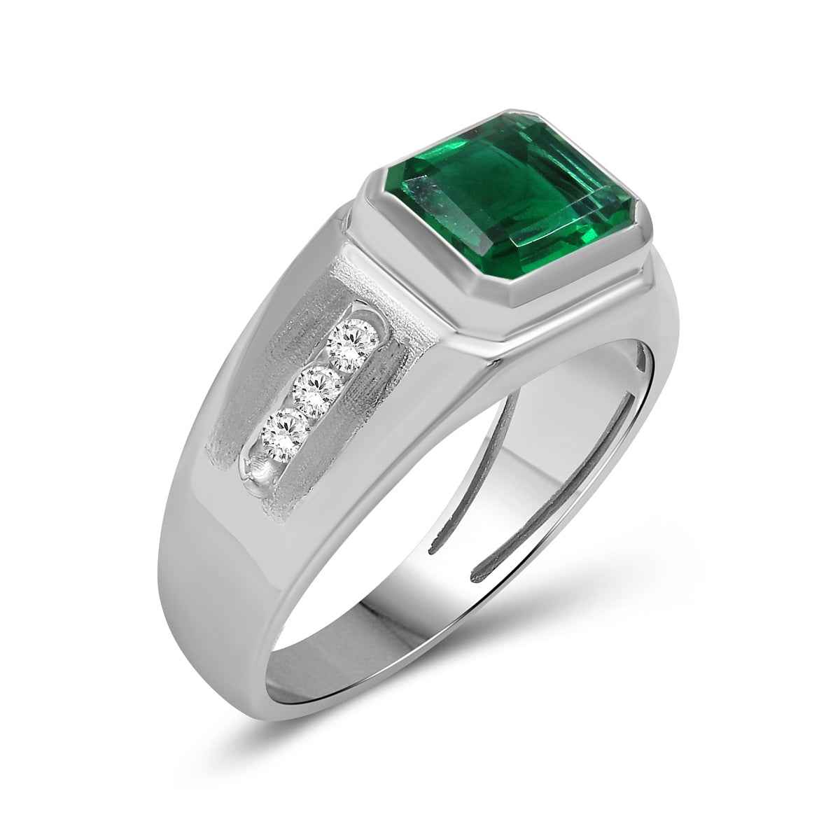 Men's Created Emerald Cut Emerald & White Round Sapphire Signet Ring in Sterling Silver front view