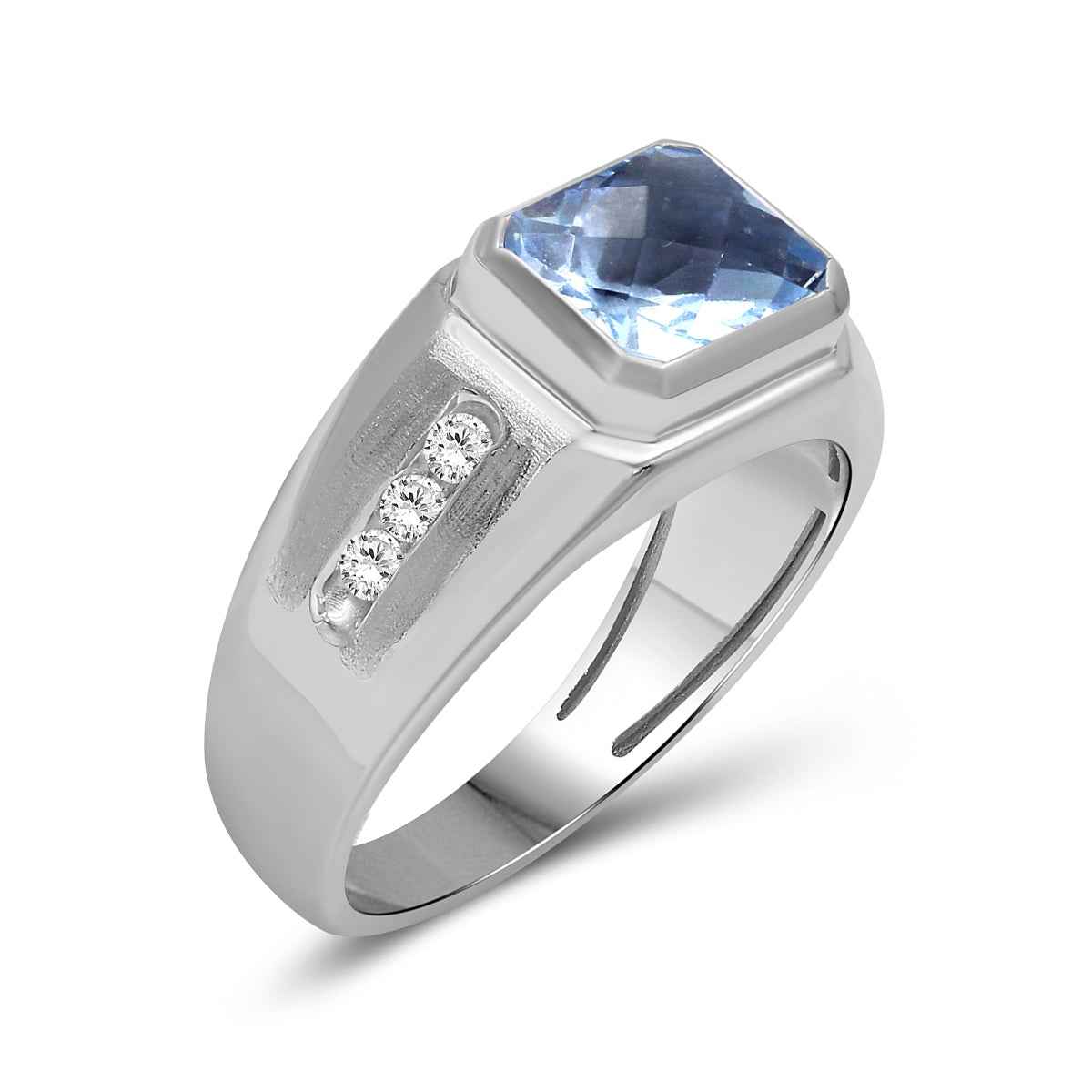 Men's Created Emerald Cut Aquamarine Spinel & White Round Sapphire Signet Ring in Sterling Silver front view