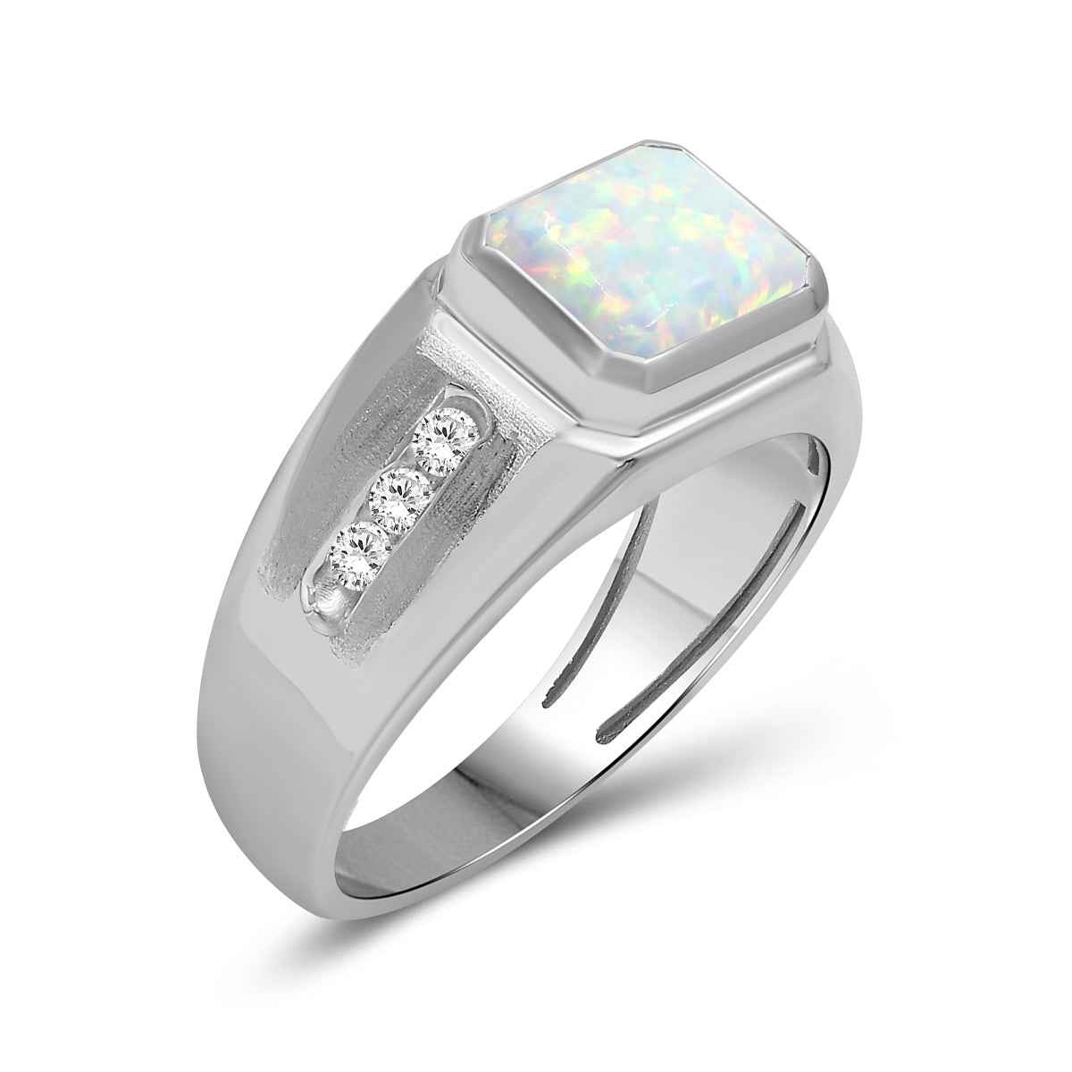 Men's Created Emerald Cut Opal & White Round Sapphire Signet Ring in Sterling Silver front view