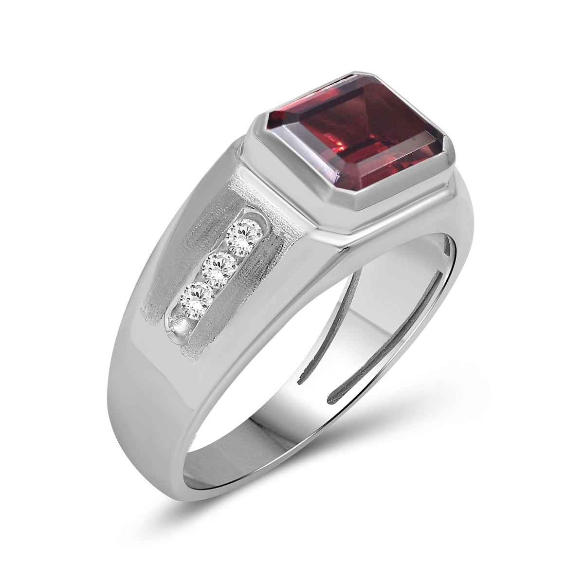 Men's Emerald Cut Garnet & Created White Round Sapphire Signet Ring in Sterling Silver front view