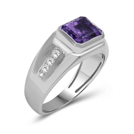 Men's Emerald Cut Amethyst & Created White Round Sapphire Signet Ring in Sterling Silver front view