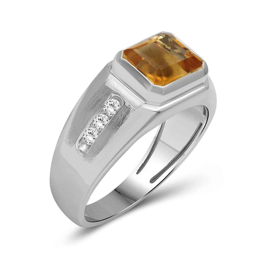 Men's Emerald Cut Citrine & Created White Round Sapphire Signet Ring in Sterling Silver front view
