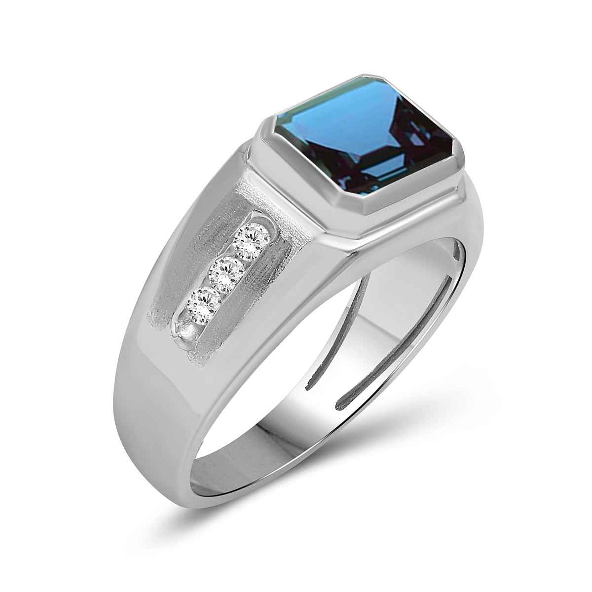 Men's Created Emerald Cut Alexandrite & White Round Sapphire Signet Ring in Sterling Silver front view