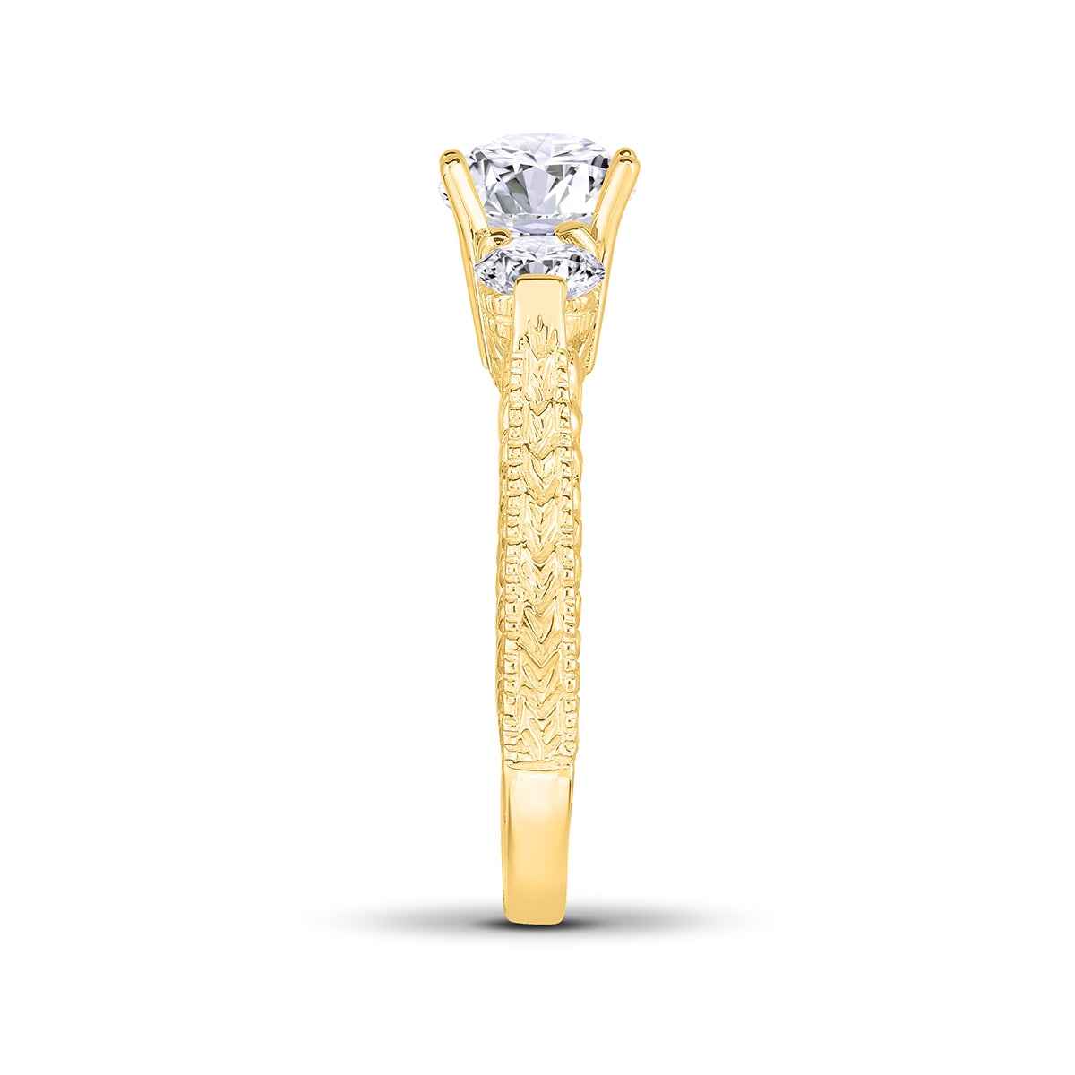 1/2 ct. tw. Round 3-Stone Diamond Milgrain Engagement Ring in 14K Yellow Gold close-up detail