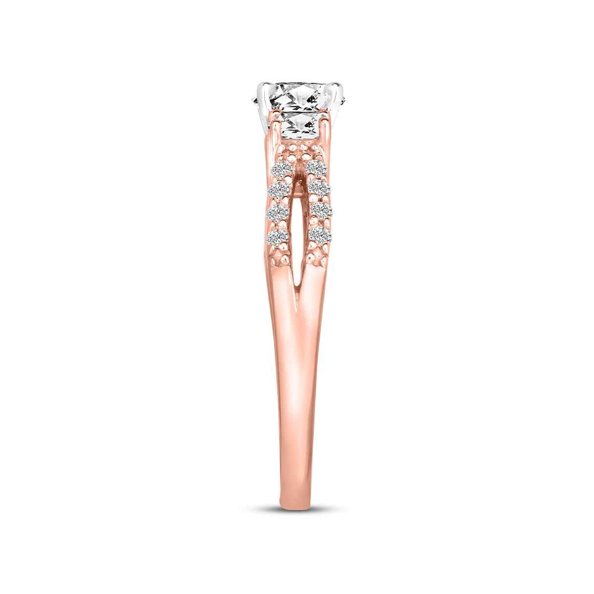 1 ct. tw. Round 3-Stone Diamond Split Shank Engagement Ring in 14K Pink Gold close-up detail