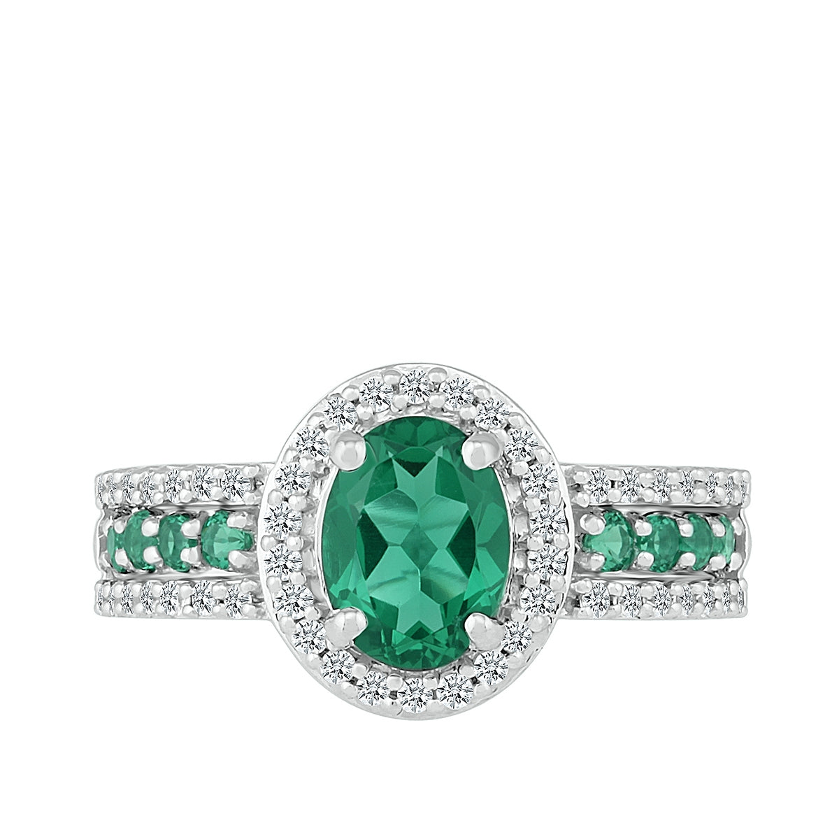 Created Oval Emerald & Created White Sapphire Halo Ring in Sterling Silver front view