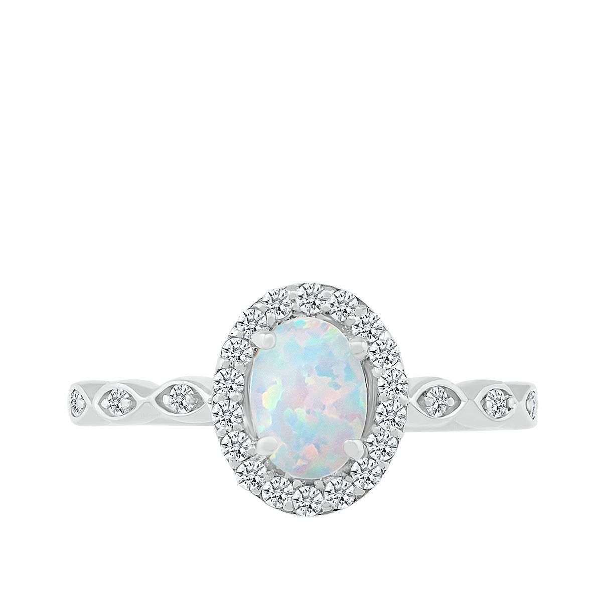 Oval Opal & 1/6 ct. tw. Diamond Halo Ring in 10K White Gold front view
