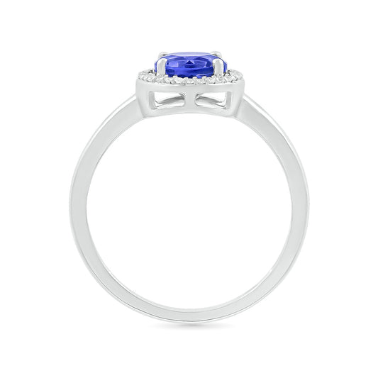 Round Sapphire & 1/15 ct. tw. Diamond Halo Ring in 10K White Gold close-up detail