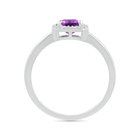 Emerald Cut Amethyst & 1/15 ct. tw. Diamond Halo Ring in 10K White Gold close-up detail