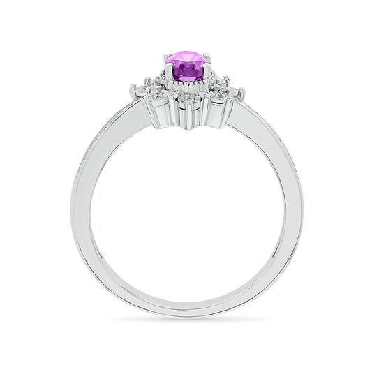 Oval Amethyst & 1/10 ct. tw. Diamond Floral Halo Ring with Miracle Plates in 10K White Gold close-up detail