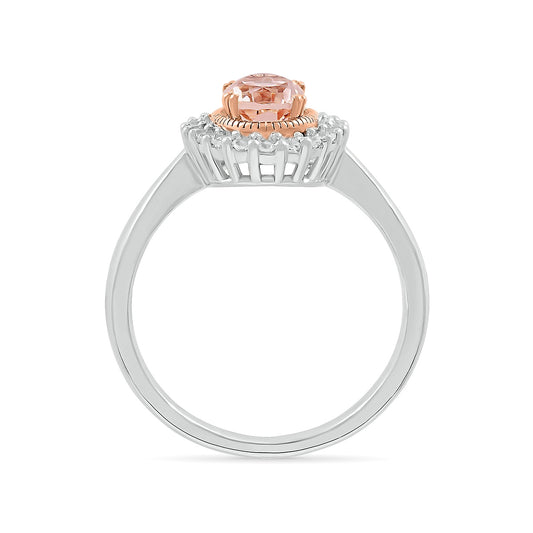 Oval Morganite & 1/5 ct. tw. Diamond Halo Ring in Sterling Silver & 10K Pink Gold close-up detail
