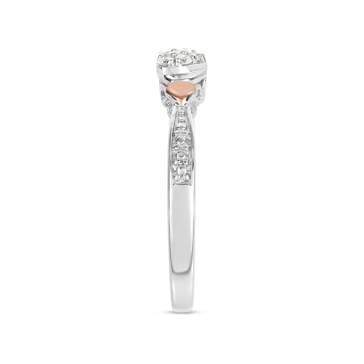 I Promise Diamond Heart-Shaped Cluster Promise Ring with Hearts in 10K White and Pink Gold close-up detail