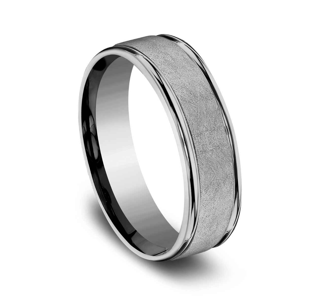 Benchmark 6.5mm Polished Edge with Swirl Center Tantalum Wedding Band front view