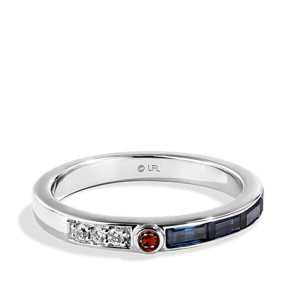 Star Wars R2 Series Baguette Sapphire with Garnet & Diamond Accent Stackable Ring in 14K White Gold close-up detail