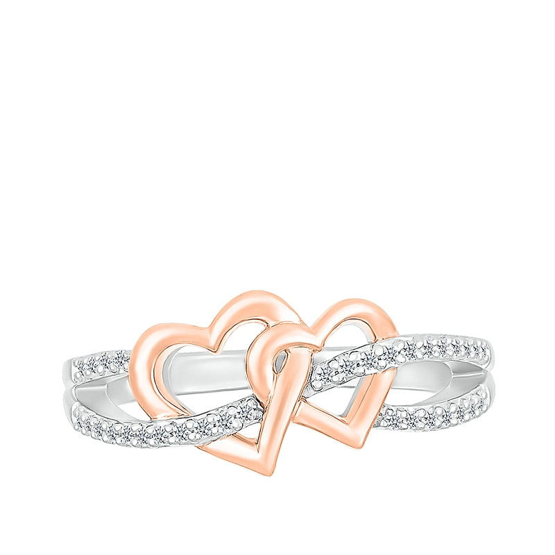 1/8 ct. tw. Diamond Linked Double Open Heart Ring in Sterling Silver & 10K Pink Gold close-up detail
