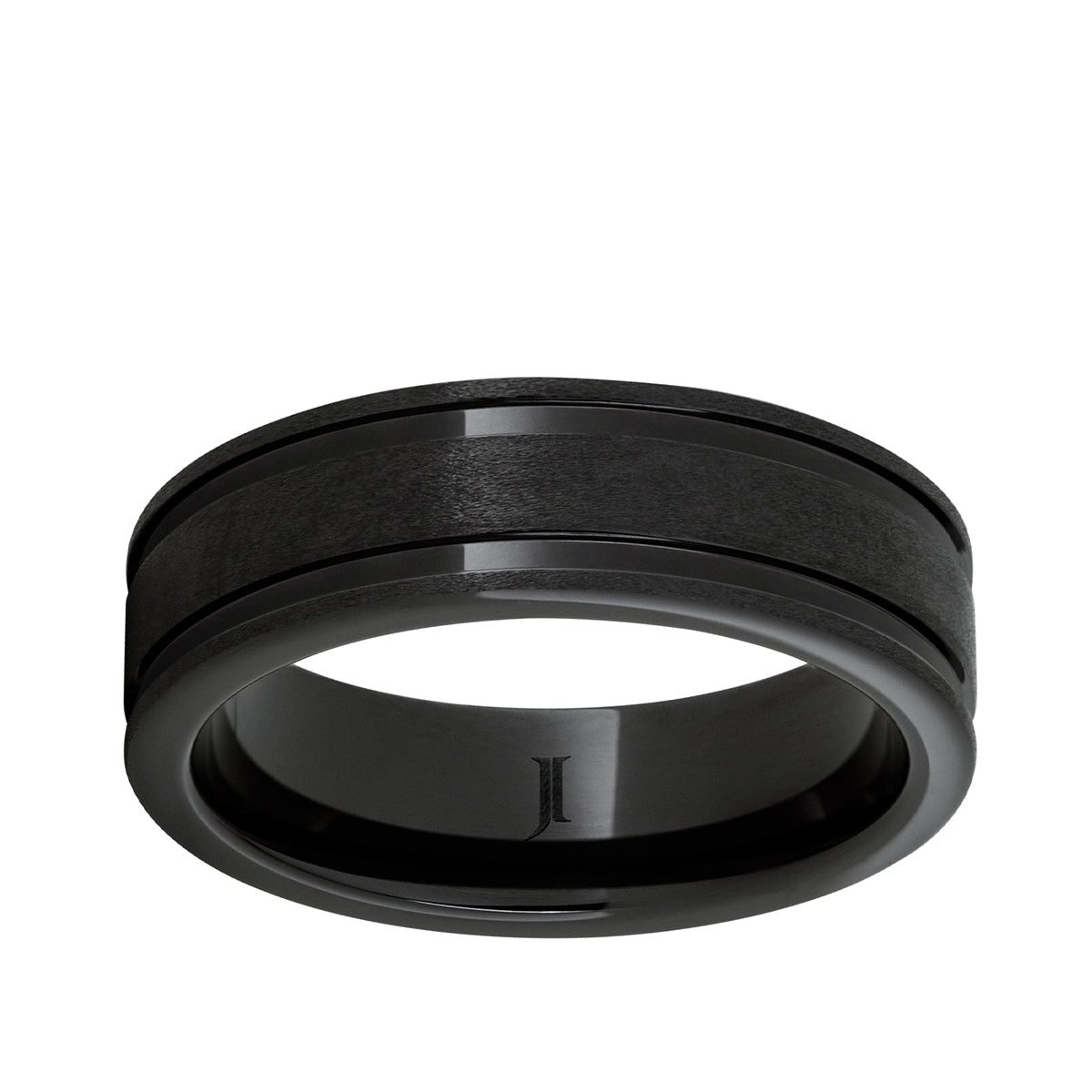 Men's Grooved Stone Finish Wedding Ring in Black Ceramic