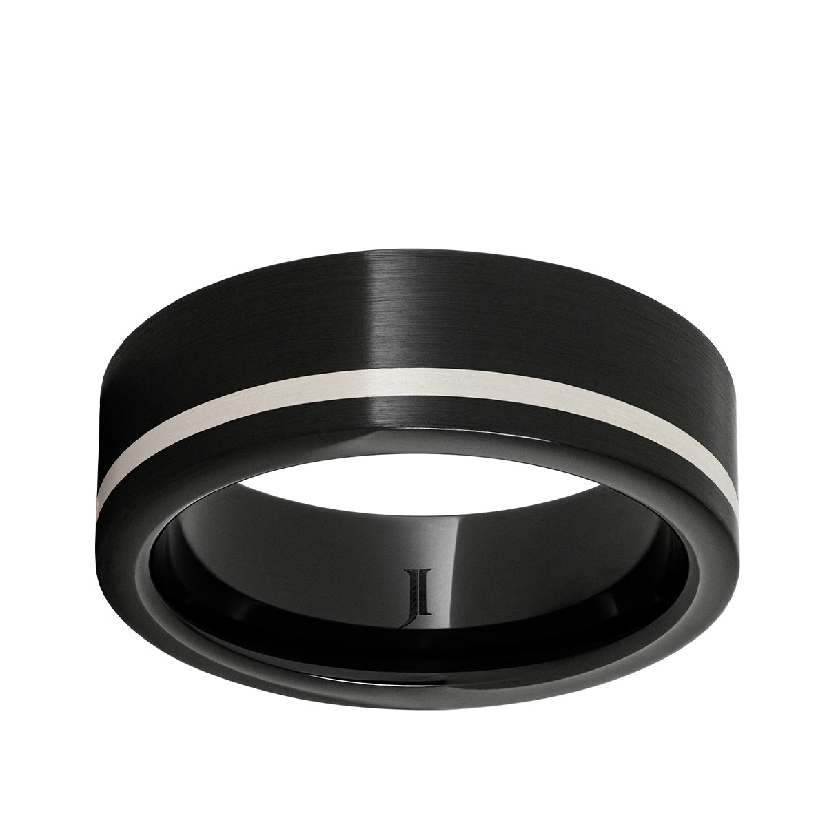 Men's Off-Center Sterling Silver Inlay Satin Finish Wedding Ring in Black Ceramic