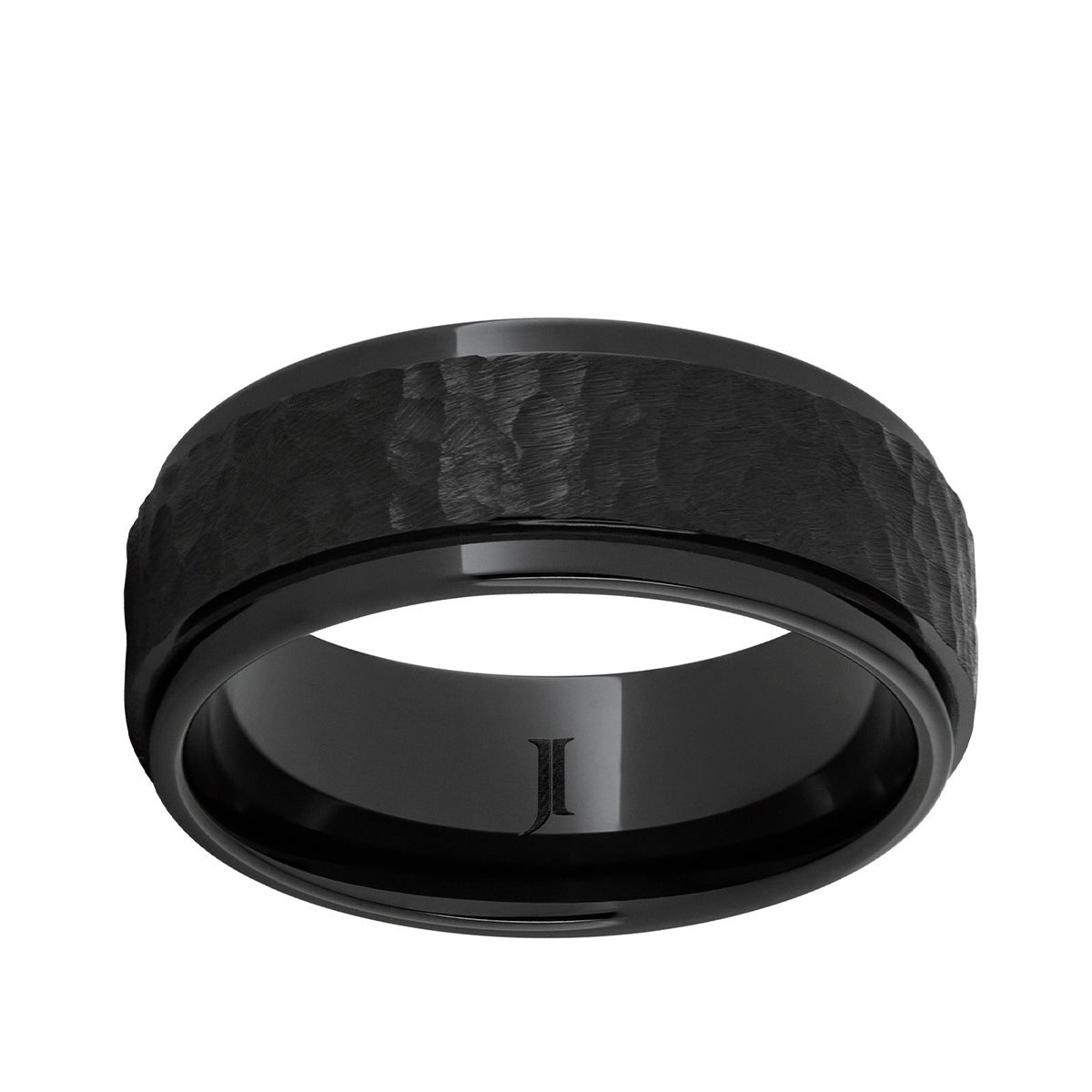 Men's Moon Crater Finish Recessed Edge Wedding Ring in Black Ceramic