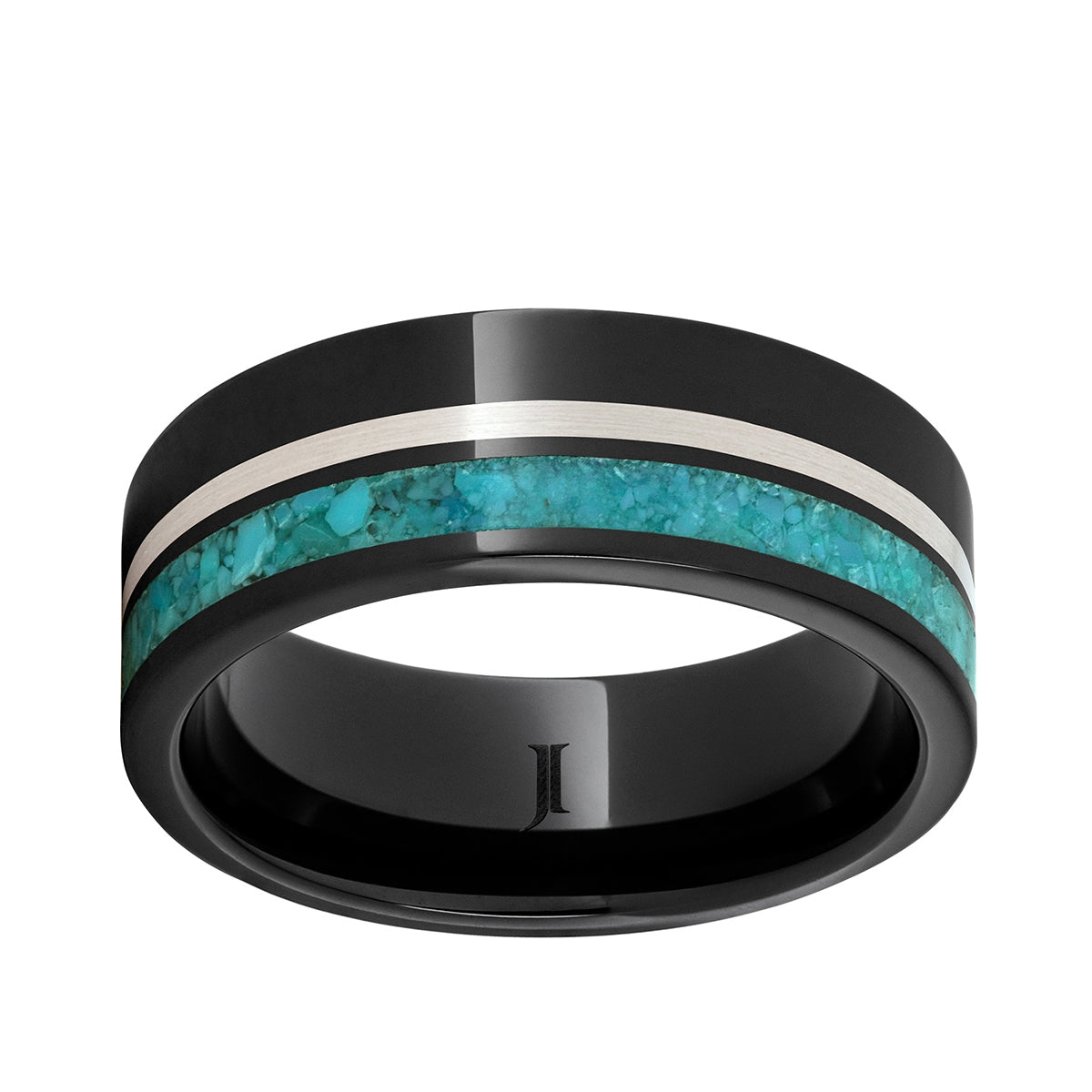 Men's Sterling Silver & Turquoise Inlay Wedding Ring in Black Ceramic