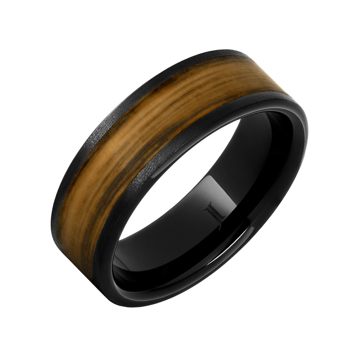 Men's 8mm Rye Wood Inlay Flat Wedding Ring in Black Ceramic front view