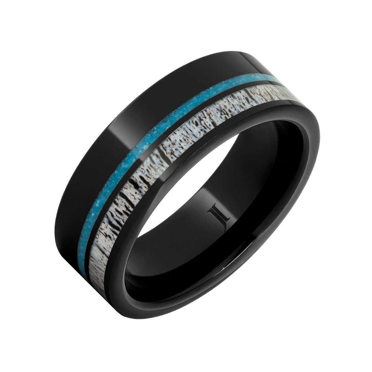 Men's 8mm Turquoise & Antler Inlay Flat Wedding Ring in Black Ceramic front view