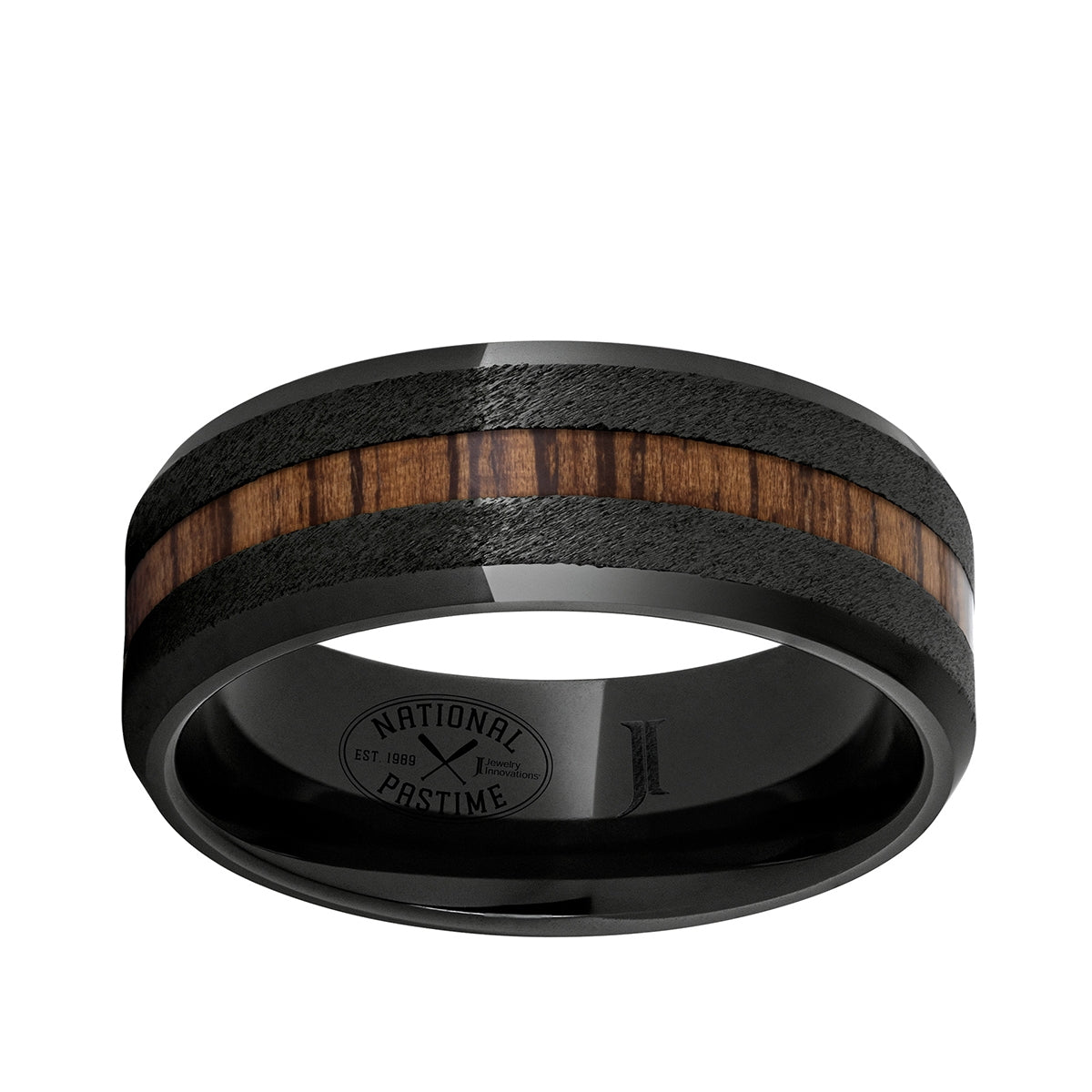 Men's Vintage Hickory Baseball Bat Wood Inlay Wedding Ring in Black Ceramic