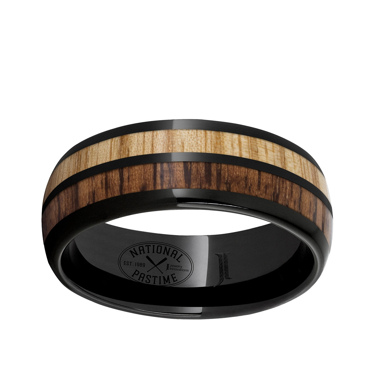 Men's Vintage Hickory & White Ash Baseball Bat Wood Inlay Wedding Ring in Black Ceramic