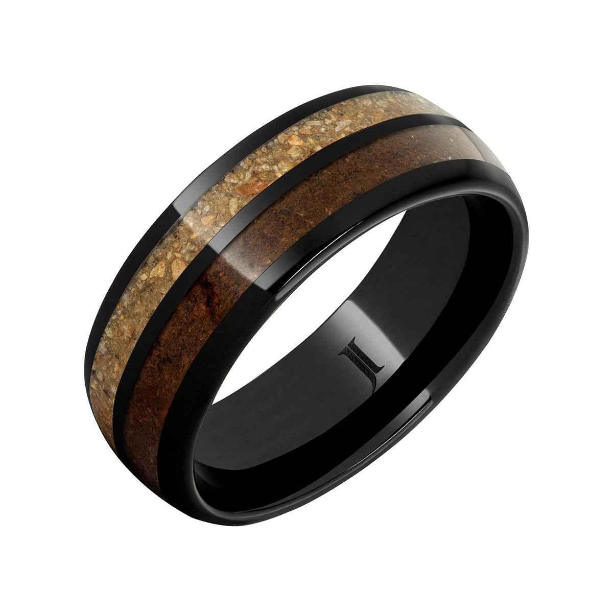 Men's 8mm Brown & Red Dinosaur Bone Inlay Wedding Ring in Black Ceramic front view