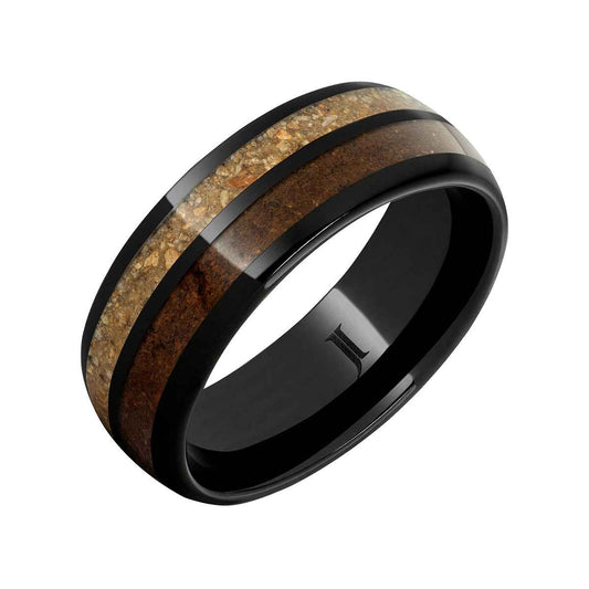 Men's 8mm Brown & Red Dinosaur Bone Inlay Wedding Ring in Black Ceramic front view