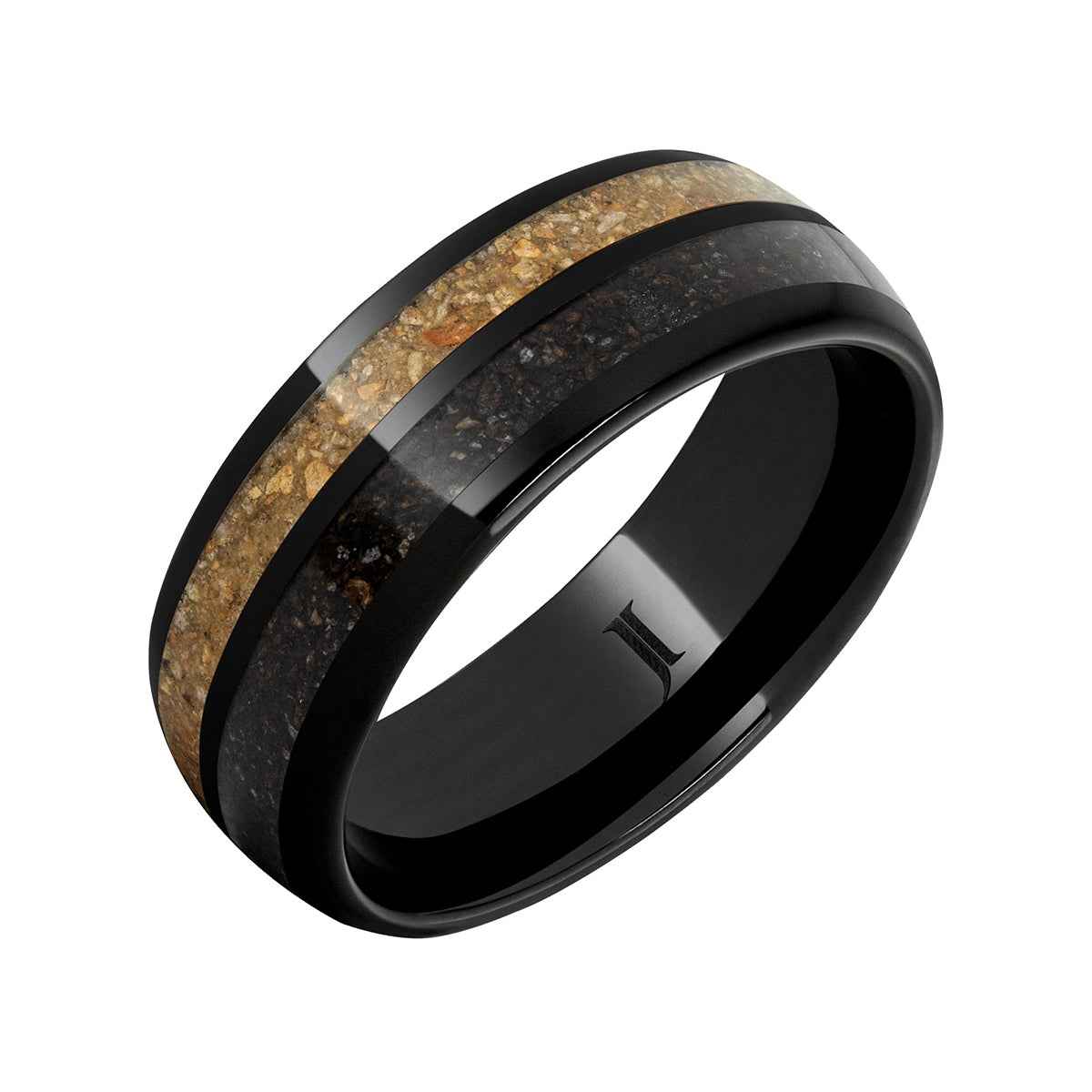 Men's 8mm Brown & Gray Dinosaur Bone Inlay Wedding Ring in Black Ceramic front view
