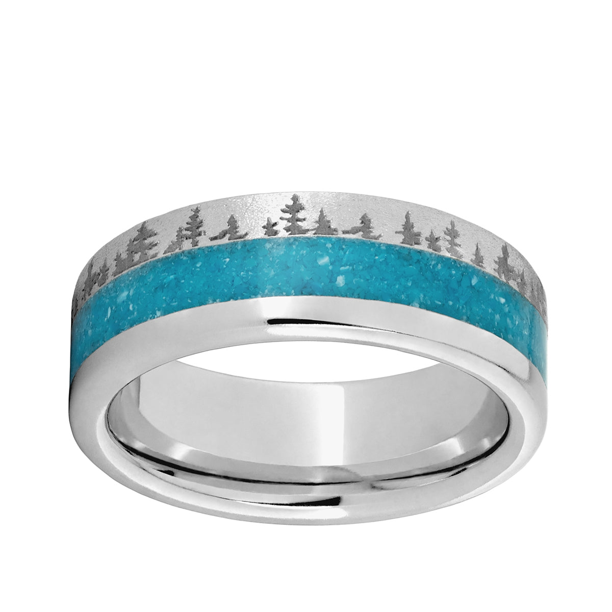 Men's Turquoise Inlay & Pine Forest Engraved Wedding Ring in Serinium