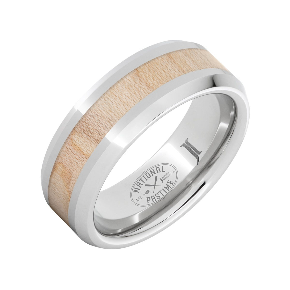Men's 8mm Maple Wood Inlay Beveled Edge Wedding Ring in Serinium front view
