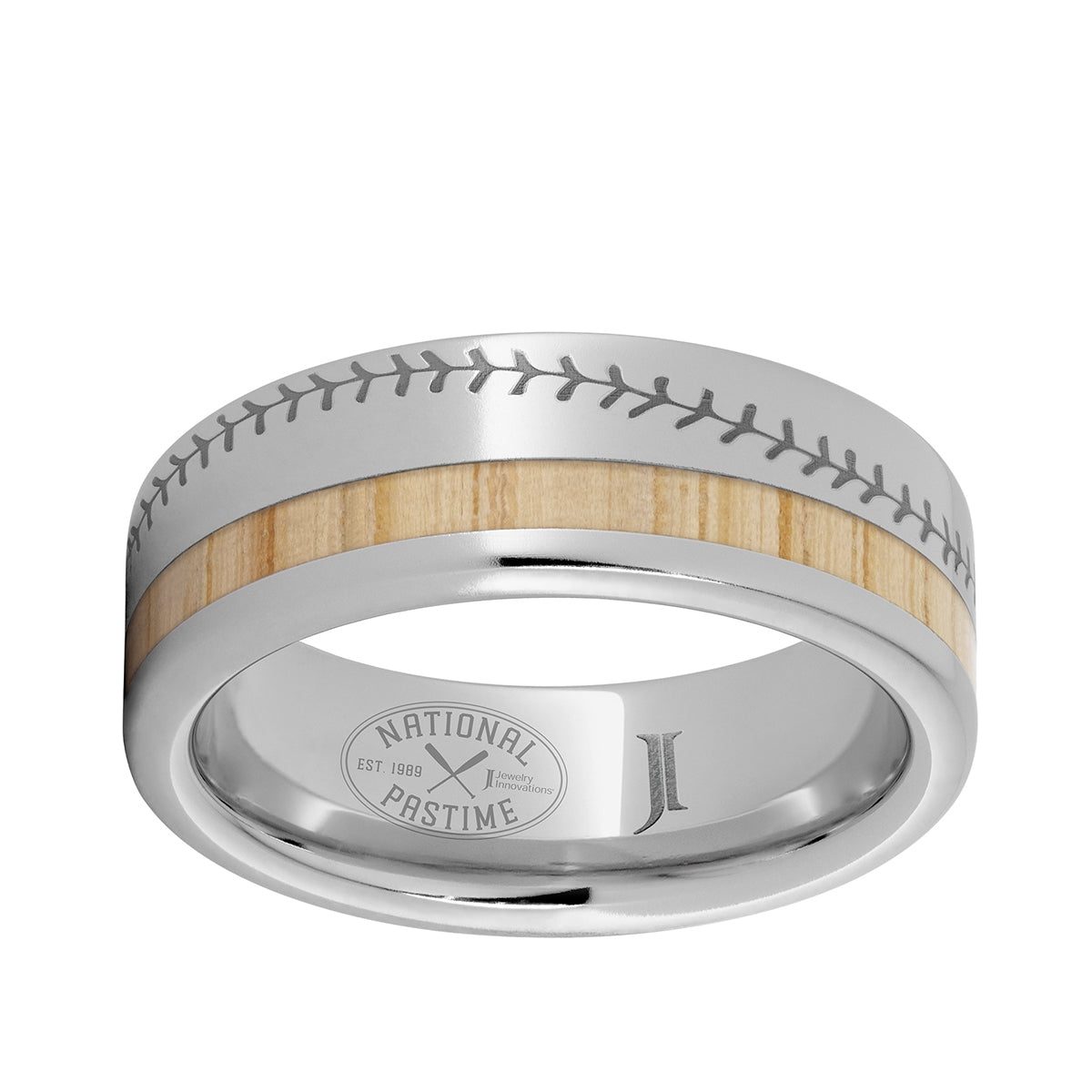 Men's Baseball Stitch Engraved & Vintage White Ash Bat Wood Inlay Wedding Ring in Serinium