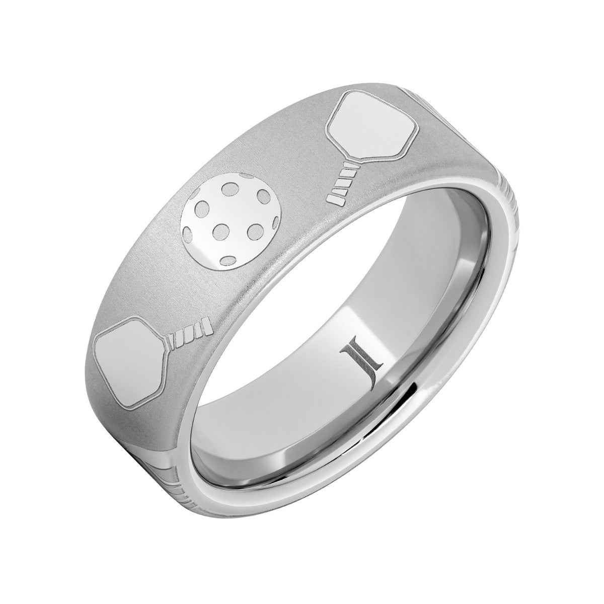 Men's 8mm Pickleball Engraved Flat Wedding Ring in Serinium front view