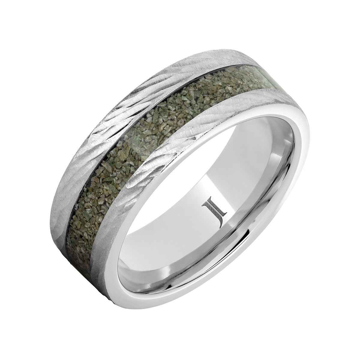 Men's 8mm Green Dinosaur Bone Inlay Bark Finish Wedding Ring in Serinium front view