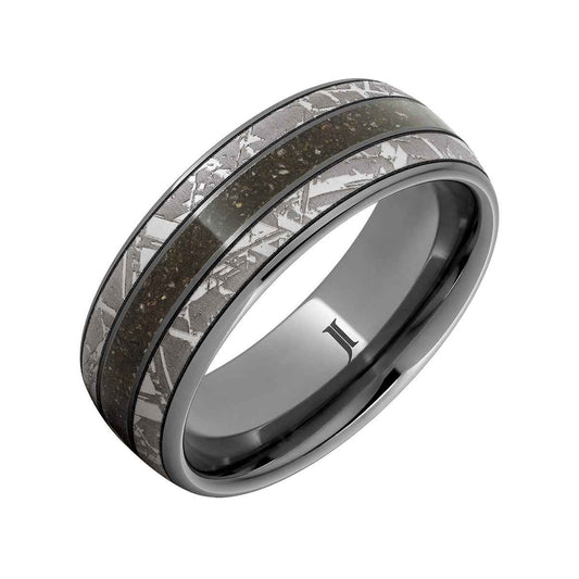 Men's 8mm Gray Dinosaur Bone Inlay Meteorite Engraved Wedding Ring in Tungsten Carbide front view